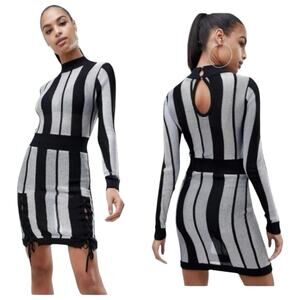 Missguided Party Dress Womens Size S Silver Black Metallic Sheer Mini Bodycon